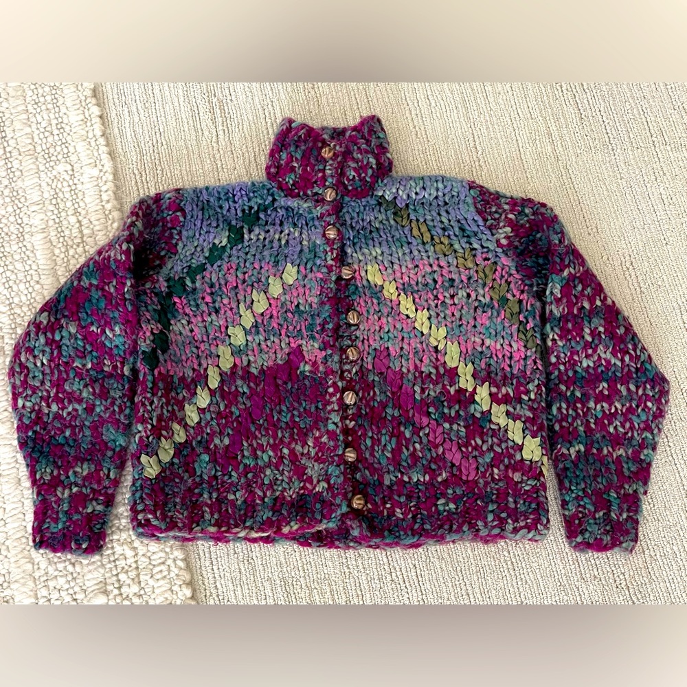 Chunky knit wool cardigan sweater. Handmade. 22” pit to pit 21” long.